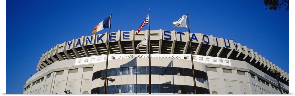 A panoramic photograph taken of the main entrance at Yankee stadium.