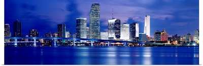 Florida, Miami, Panoramic view of an urban skyline at night