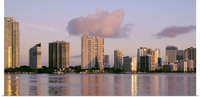 Florida, Miami, Waterfront and skyline at dusk