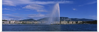 Fountain in front of buildings, Jet Deau, Geneva, Switzerland