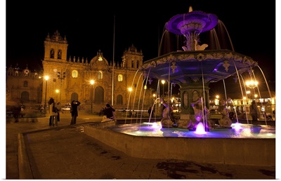 Fountain lit up at night, Plaza de Armas, Cuzco, Cusco Province, Peru
