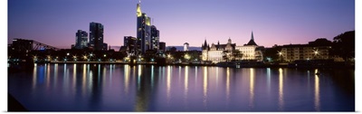Germany, Frankfurt, Main River, skyline in evening