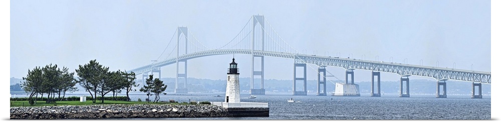 Goat Island Lighthouse with Claiborne Pell Bridge, Newport, Rhode Island