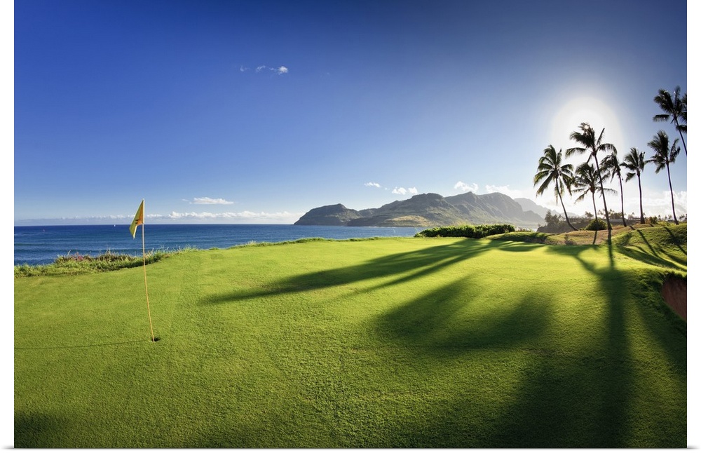 Photograph of oceanfront putting green with palm trees.  There are mountains in distance under a clear sky.