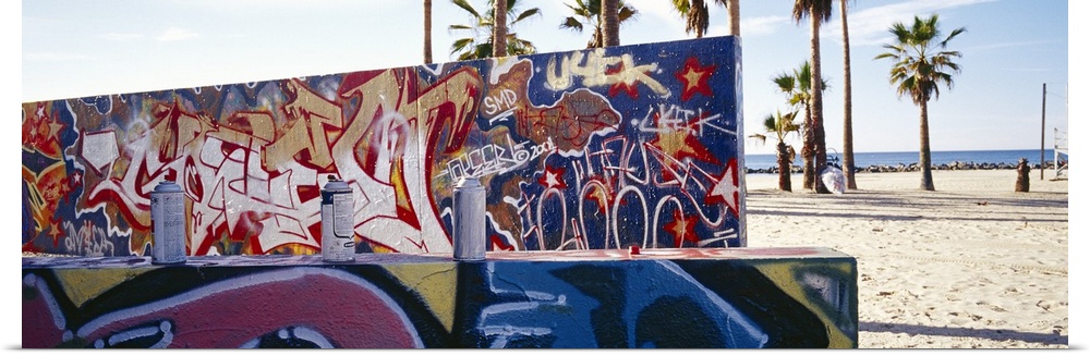 Horizontal, large photograph of two walls covered with graffiti art in Venice Beach, California.   The beach and palm tree...