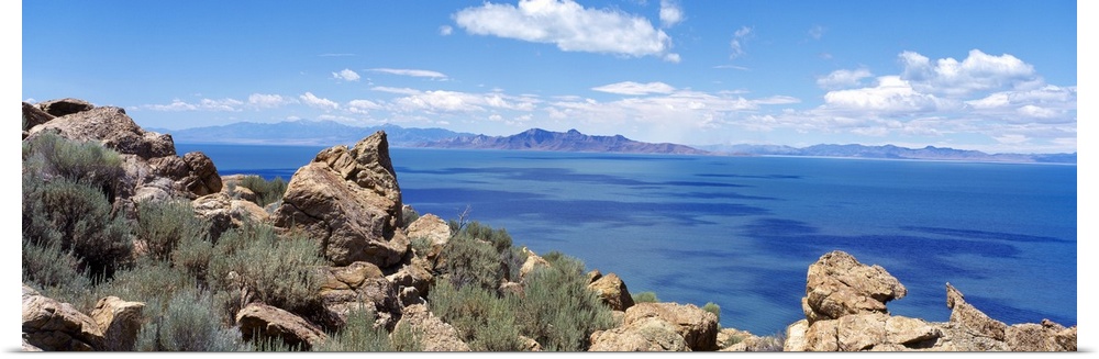 A panorama of the Great Salt Lake of Salt Lake City, Utah.