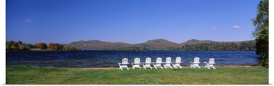 Group of lounge chairs near a lake, Blue Mountain Lake, New York State