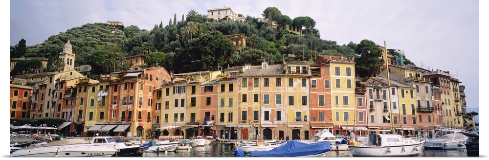 Houses in Italy line a harbor that is filled with small boats. A large hill covered with trees stands behind the houses.