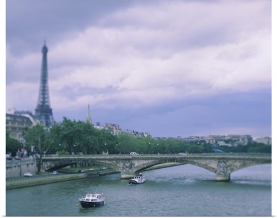 High angle view of a boat in the river with tower in the background, Seine River, Eiffel Tower, Paris, France