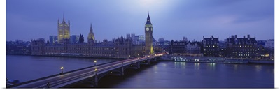 High angle view of a bridge across the river, Westminster Bridge, Big Ben, Houses of parliament, London, England