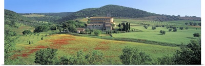 High angle view of a church on a field Abbazia Di Santantimo Montalcino Tuscany Italy
