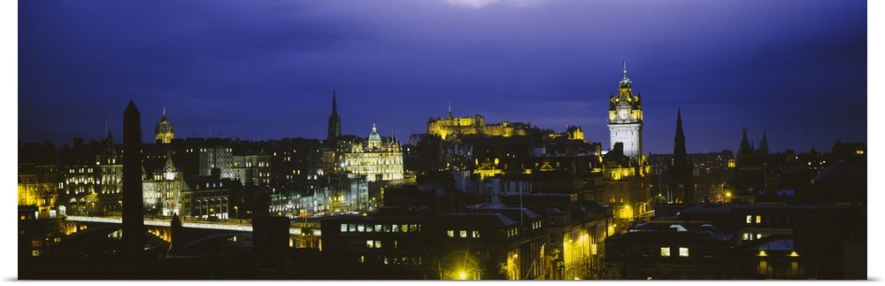 High angle view of a city lit up at night, Edinburgh Castle, Edinburgh, Scotland