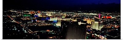 High angle view of a city lit up at night, The Strip, Las Vegas, Nevada