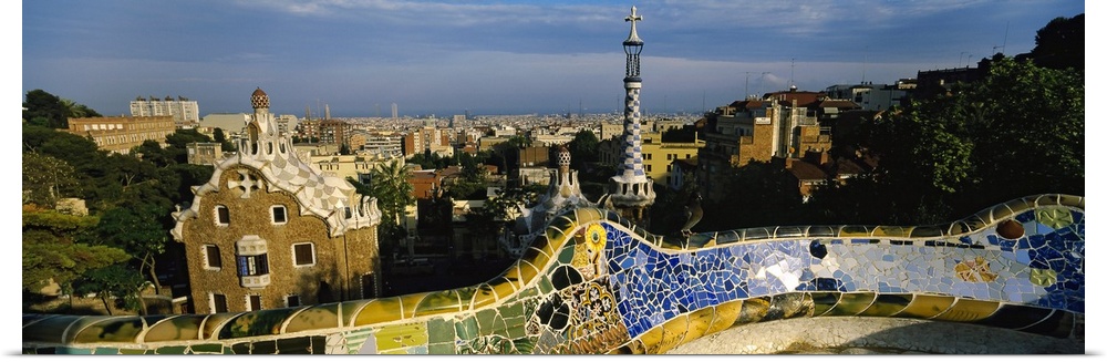 High angle view of a city, Parc Guell, Barcelona, Catalonia, Spain
