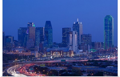 High angle view of a multiple lane highway in front of a city, Interstate-35E, Dallas, Texas