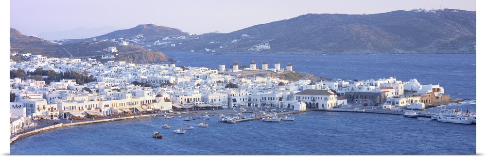 High angle view of a town on the waterfront, Mykonos harbor, Cyclades Islands, Greece