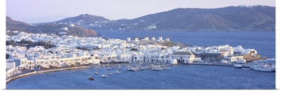 High angle view of a town on the waterfront, Mykonos harbor, Cyclades Islands, Greece