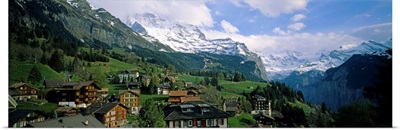 High angle view of a village on a hillside, Wengen, Switzerland