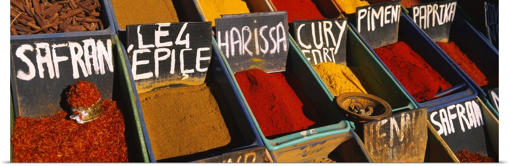 High angle view of assorted spices at a spice stall, Tataouine, Tunisia