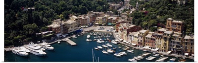 High angle view of boats docked at a harbor, Italian Riviera, Portofino, Italy