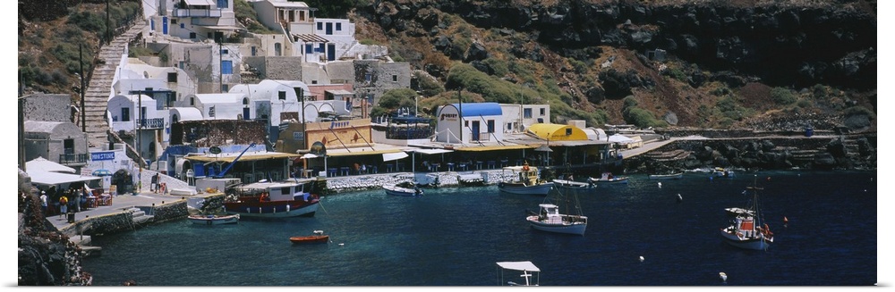 High angle view of boats in the sea, Ammoudi Bay, Oia, Santorini, Greece