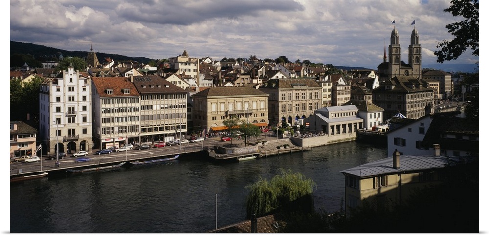 High angle view of buildings along a river, River Limmat, Zurich, Switzerland