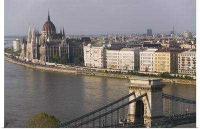 High angle view of buildings at the waterfront, Parliament Building, Chain Bridge, Danube River, Budapest, Hungary