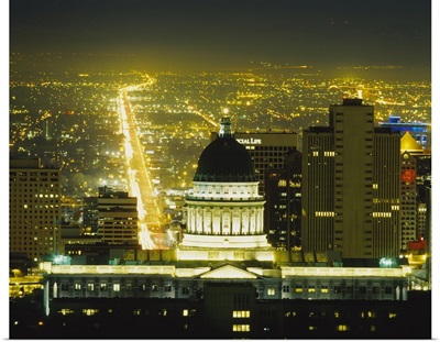 High angle view of buildings lit up at night in a city, State Capitol Building, Salt Lake City, Utah
