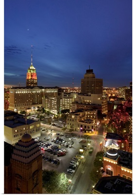 High angle view of buildings lit up at night, San Antonio, Texas