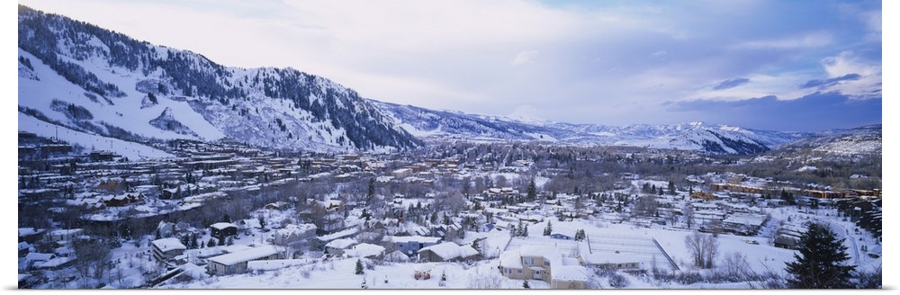 High angle view of houses covered with snow, Aspen, Colorado