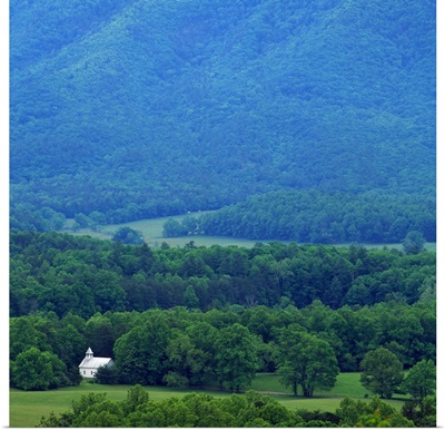 High angle view of misty Cades Cove with church, Great Smoky Mountains National Park, Tennessee