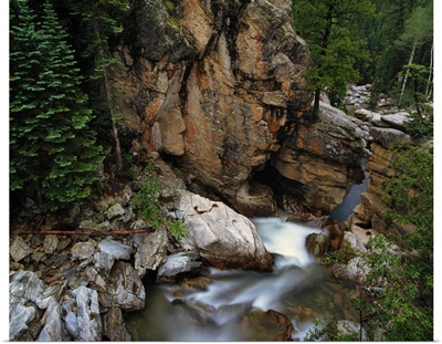 High angle view of pine trees and rocky cliffs along Roaring Fork River, White River National Forest, Colorado