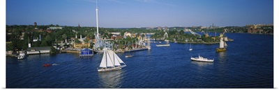 High angle view of sailboats in a lake, Gronalund, Djurgarden, Stockholm, Sweden