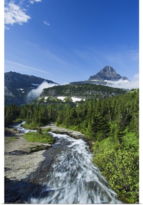 High angle view of Siyeh Creek rushing through pine forest, distant Mount Reynolds against blue sky, Glacier National Park, Montana