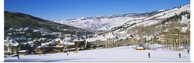 High angle view of skiers skiing, Beaver Creek Resort, Colorado