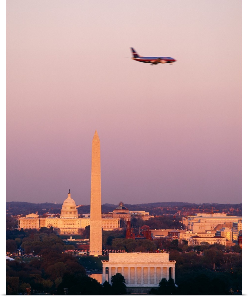 High angle view of the Lincoln Memorial, Washington Monument, and US Capitol Building at sunset, Washington DC