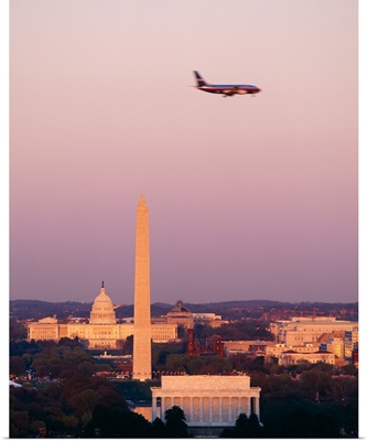 High angle view of the Lincoln Memorial, Washington Monument, and US Capitol Building at sunset, Washington DC