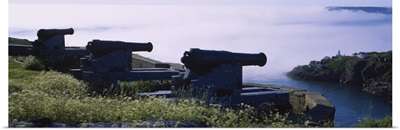 High Angle View Of Three Cannons In A Fort, Signal Hill, Fort Amherst Lighthouse, Saint Johns, Newfoundland And Labrador, Canada