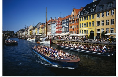 High angle view of tourists on a boat in a river, Nyhavn, Copenhagen, Denmark