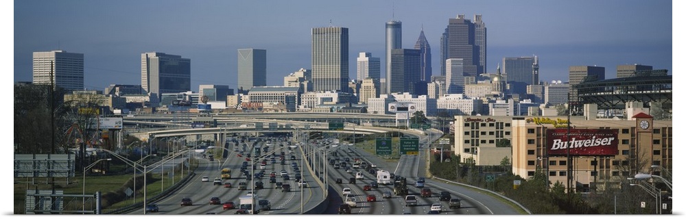 Wide angle view of the skyline and roads leading into the city of Atlanta.