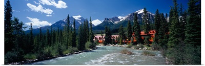 Hotel at a riverside, Post Hotel, Fairview Mountain, Pipestone River, Banff National Park, Alberta, Canada