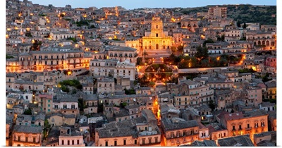 Houses in a town on a hill, Cathedral Of San Giorgio, Modica, Sicily, Italy