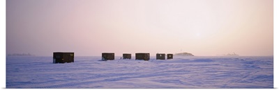 Ice fishing shacks on a frozen lake, Lake Of The Woods, Minnesota