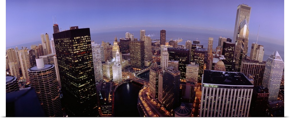 Illinois, Chicago, Chicago River, High angle view of the city