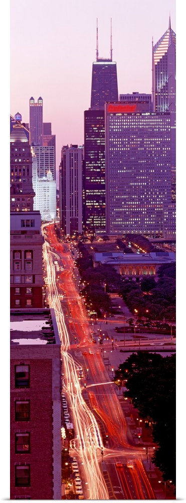 Illinois, Chicago, One Magnificent Mile, High angle view of an urban road at dusk