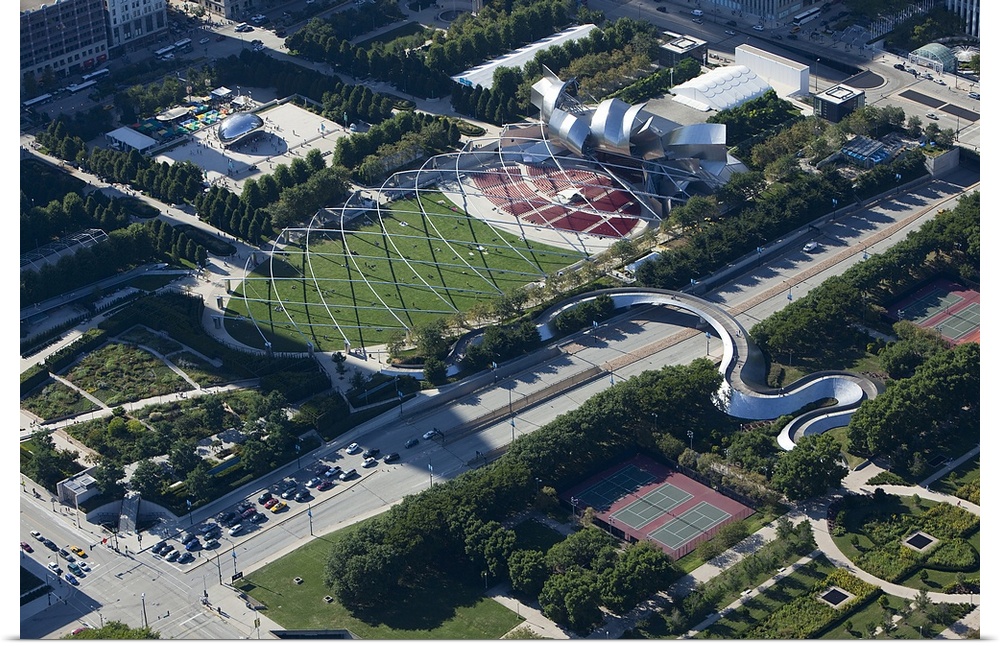 Aerial view of a park, Jay Pritzker Pavilion, Millennium Park, Grant Park, Chicago, Cook County, Illinois, USA