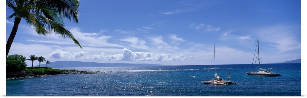 Panoramic photograph taken of a bay in Hawaii with land and palm trees on the left side and two boats anchored in the water.