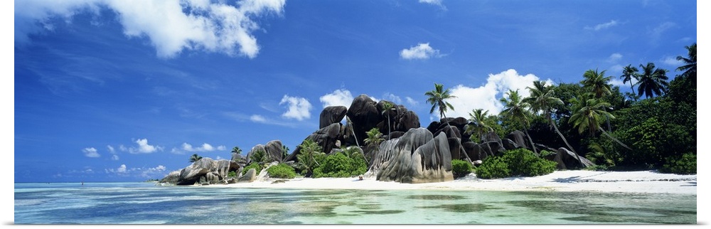 A panoramic photograph of a tropical beach lined with large boulders and palm trees taken on a sunny day.