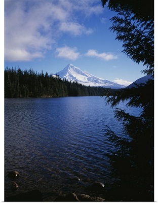 Lake in front of snow covered mountain, Mt Hood, Lost Lake, Oregon