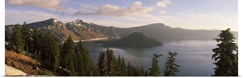 Lake surrounded by mountains, Wizard Island, Crater Lake National Park, Oregon, USA